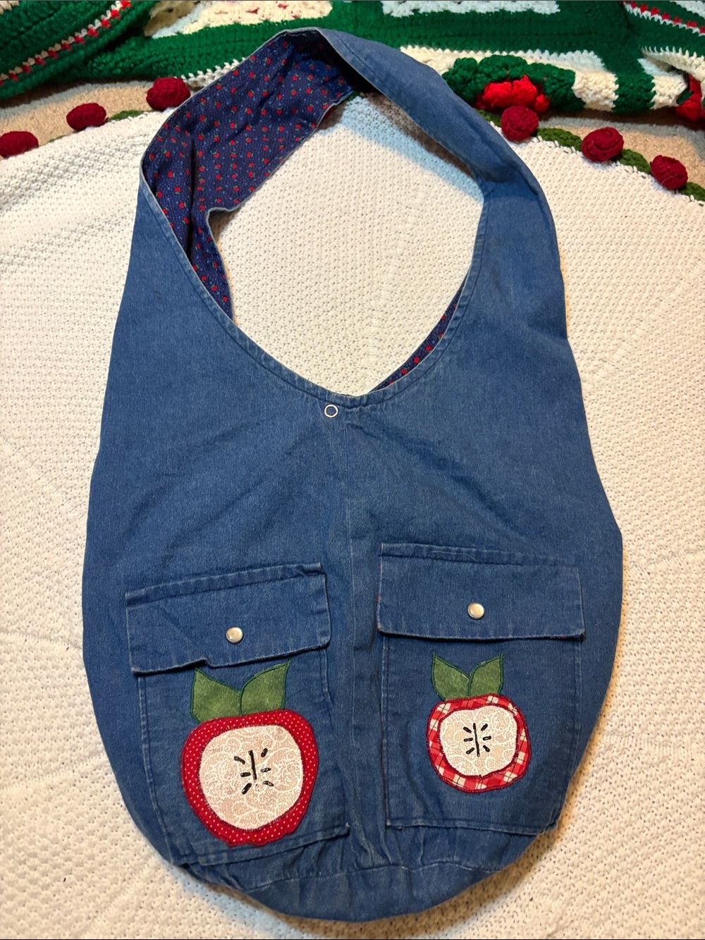 Vintage Handmade Denim Apple Appliqué Hobo Bag Reversible Cottagecore Tote